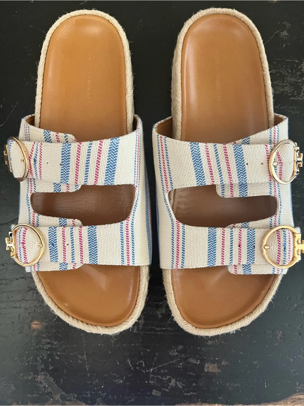 Tory Burch Striped Canvas Double-Buckle Slide Sandals size 8 selby